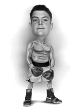 Load image into Gallery viewer, Black and white caricature as a character - Boy drawn as boxer  - Black & white portrait - drawings and portraits from your photos - drawking.com - DrawKing
