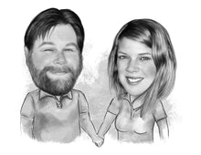 Load image into Gallery viewer, Black and white caricature as a character - Couple drawn caricature style  - Black & white portrait - drawings and portraits from your photos - drawking.com - DrawKing