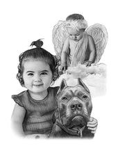 Load image into Gallery viewer, Black and white portrait - Little girl drawn with dog and lost sibling with angel wings  - Black & white portrait - drawings and portraits from your photos - drawking.com - DrawKing