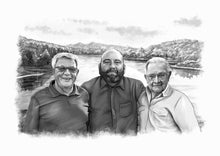 Load image into Gallery viewer, Black and white portrait with background -Family members drawn with lake view- Black & white portrait - drawings and portraits from your photos - drawking.com - DrawKing