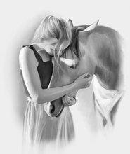 Load image into Gallery viewer, Black and white portrait with pets or animals - girl drawn with horse - drawings and portraits from your photos - drawking.com - DrawKing