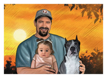 Load image into Gallery viewer, Colour pet portrait - Dog drawn in sunset with owner  - Color drawing -drawings and portraits from your photos - drawking.com - Drawking