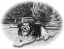 Load image into Gallery viewer, Black &amp; white animal portrait - Dog drawn on field with trees - drawings and portraits from your photos - drawking.com - DrawKing
