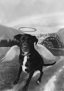 Black & white animal portrait - Dog drawn with angel wings - drawings and portraits from your photos - drawking.com - DrawKing