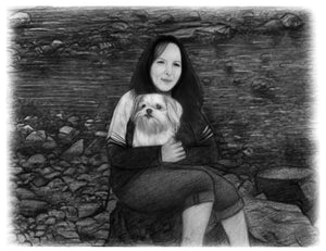 Black & white animal portrait - woman drawn with dog near lake - drawings and portraits from your photos - drawking.com - DrawKing
