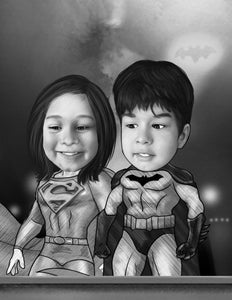 Black & white portrait as a character - Kids drawn as superman & batman-drawings and portraits from your photos - drawking.com - DrawKing