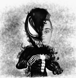Black & white portrait as a character - Man drawn as half venom -drawings and portraits from your photos - drawking.com - DrawKing