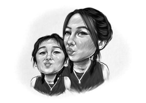 Black and white caricature - Girls drawn pouting  - Black & white portrait - drawings and portraits from your photos - drawking.com - DrawKing