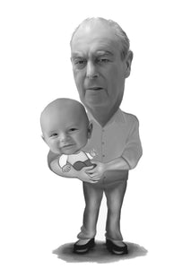 Black and white caricature - Grandad holding child  - Black & white portrait - drawings and portraits from your photos - drawking.com - DrawKing