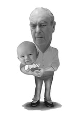 Load image into Gallery viewer, Black and white caricature - Grandad holding child  - Black &amp; white portrait - drawings and portraits from your photos - drawking.com - DrawKing
