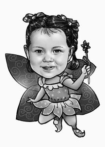Black and white caricature as a character - Girl drawn as a fairy  - Black & white portrait - drawings and portraits from your photos - drawking.com - DrawKing
