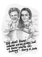 Load image into Gallery viewer, Black and white caricature with background - Couple on boat with writing - drawings and portraits from your photos - drawking.com - DrawKing
