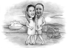 Load image into Gallery viewer, Black and white caricature with background - Couple seaside drawing - drawings and portraits from your photos - drawking.com - DrawKing
