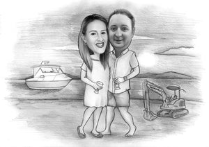 Black and white caricature with background - Couple seaside drawing - drawings and portraits from your photos - drawking.com - DrawKing
