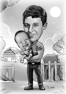 Black and white caricature with background - Dad and son on farm  - drawings and portraits from your photos - drawking.com - DrawKing