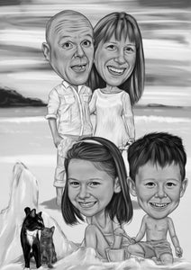 Black and white caricature with background - Family on beach with pets - drawings and portraits from your photos - drawking.com - DrawKing