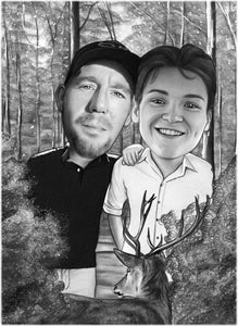 Black and white caricature with background - Men in woods with deer - drawings and portraits from your photos - drawking.com - DrawKing