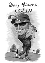 Load image into Gallery viewer, Black and white caricature with background - Retirement golf drawing - drawings and portraits from your photos - drawking.com - DrawKing

