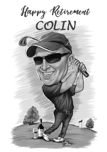 Black and white caricature with background - Retirement golf drawing - drawings and portraits from your photos - drawking.com - DrawKing