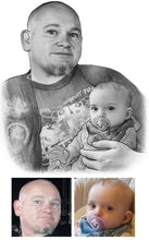 Load image into Gallery viewer, Black and white portrait - Grandad drawn with grandchild  - Black &amp; white portrait - drawings and portraits from your photos - drawking.com - DrawKing
