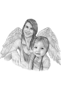 Black and white portrait - Little girl drawn with grandma who passed away with angel wings  - Black & white portrait - drawings and portraits from your photos - drawking.com - DrawKing
