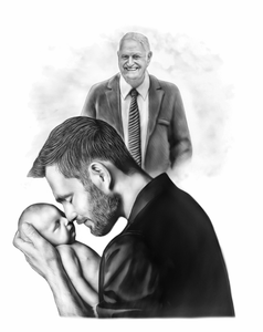 Black and white portrait - Man drawn with baby with deseased relative watching over them - Black & white portrait - drawings and portraits from your photos - drawking.com - DrawKing