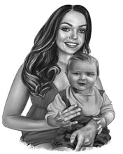 Load image into Gallery viewer, Black and white portrait - Mother and child drawn together smiling   - Black &amp; white portrait - drawings and portraits from your photos - drawking.com - DrawKing
