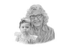Load image into Gallery viewer, Black and white portrait - Nana drawn with granddaughter  - Black &amp; white portrait - drawings and portraits from your photos - drawking.com - DrawKing
