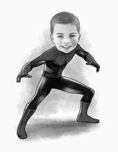 Load image into Gallery viewer, Black and white portrait as a character - Boy as spiderman  - Black &amp; white portrait - drawings and portraits from your photos - drawking.com - DrawKing
