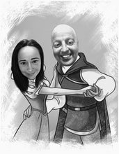 Load image into Gallery viewer, Black and white portrait as a character - Couple drawn as snow white and prince - drawings and portraits from your photos - drawking.com - DrawKing
