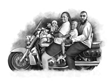 Load image into Gallery viewer, Black and white portrait with a large object - Family on motorbike - Black &amp; white portrait - drawings and portraits from your photos - drawking.com -
