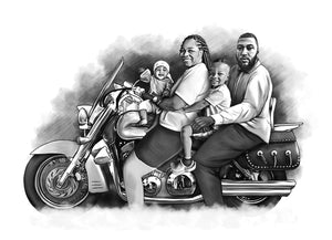 Black and white portrait with a large object - Family on motorbike - Black & white portrait - drawings and portraits from your photos - drawking.com -