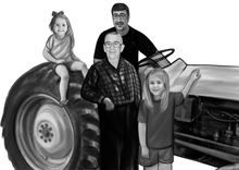 Load image into Gallery viewer, Black and white portrait with a large object - Family with tractor - Black &amp; white portrait - drawings and portraits from your photos - drawking.com - Drawking
