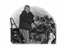 Load image into Gallery viewer, Black and white portrait with a large object - Man and dog with motorbike - Black &amp; white portrait - drawings and portraits from your photos - drawking.com - Drawking
