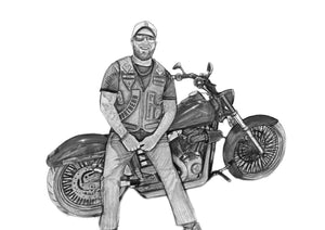 Black and white portrait with a large object -Man with motorbike - Black & white portrait - drawings and portraits from your photos - drawking.com - Drawking