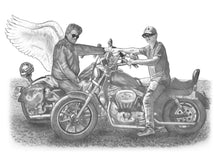 Load image into Gallery viewer, Black and white portrait with a large object - Man with wings and boy on motorcycle  - drawings and portraits from your photos - drawking.com - Drawking
