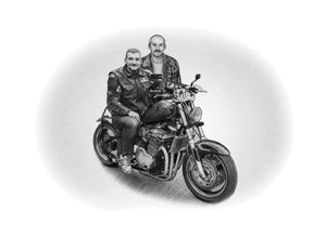 Black and white portrait with a large object -Men drawn with motorbike - Black & white portrait - drawings and portraits from your photos - drawking.com - Drawking