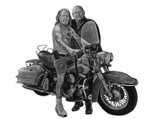 Load image into Gallery viewer, Black and white portrait with a large object - Men on motorcycle - Black &amp; white portrait - drawings and portraits from your photos - drawking.com - Drawking
