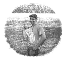Load image into Gallery viewer, Black and white portrait with background -Dad and daughter drawn in grass - Black &amp; white portrait - drawings and portraits from your photos - drawking.com - DrawKing
