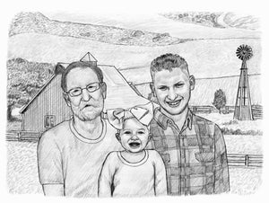 Black and white portrait with background -Daughter drawn with dad and grandpa with farm scene - Black & white portrait - drawings and portraits from your photos - drawking.com - DrawKing