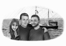 Load image into Gallery viewer, Black and white portrait with background -Men and woman drawn with boat and sea background - Black &amp; white portrait - drawings and portraits from your photos - drawking.com - DrawKing
