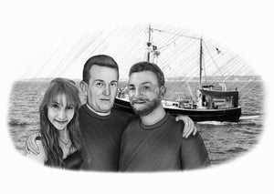 Black and white portrait with background -Men and woman drawn with boat and sea background - Black & white portrait - drawings and portraits from your photos - drawking.com - DrawKing