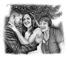 Load image into Gallery viewer, Black and white portrait with background -Wedding couple with mother who passed - Black &amp; white portrait - drawings and portraits from your photos - drawking.com - DrawKing

