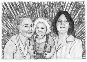 Black and white portrait with background -Women and child drawn with feather background - Black & white portrait - drawings and portraits from your photos - drawking.com - DrawKing