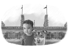 Load image into Gallery viewer, Black and white portrait with background - boy drawn with dog at disney adventures - Black &amp; white portrait - drawings and portraits from your photos - drawking.com - DrawKing
