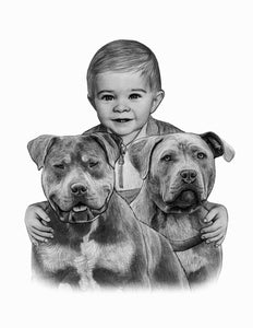 Black and white portrait with pets or animals - Little boy drawn with two dogs - drawings and portraits from your photos - drawking.com - DrawKing