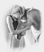 Load image into Gallery viewer, Black and white portrait with pets or animals - girl drawn with horse - drawings and portraits from your photos - drawking.com - DrawKing
