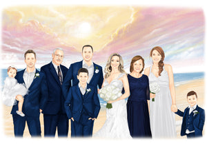 Color portrait with background - family drawing at wedding with beautiful sunset- colour portrait - drawings and portraits from your photos - drawking.com - DrawKing