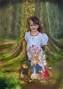 Color portrait with background - girl drawn with Peter rabbit  - colour portrait - drawings and portraits from your photos - drawking.com - DrawKing 