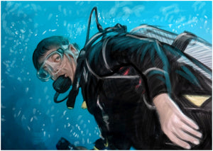 Color portrait with background - man underwater drawn with scubadiving kit - colour portrait - drawings and portraits from your photos - drawking.com - DrawKing